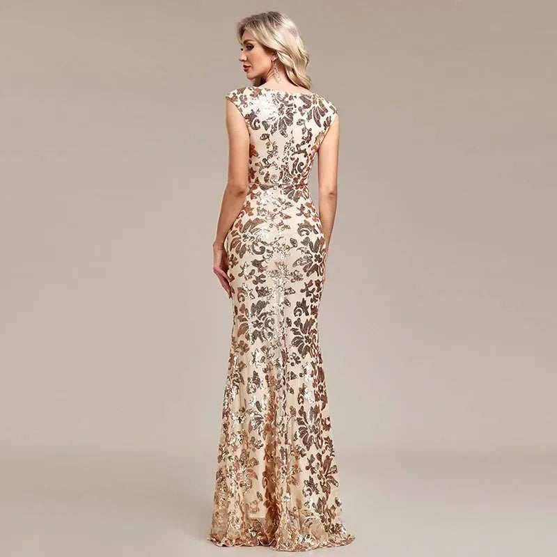 Women’s Champagne Gold Sequin Mermaid Evening Gown | Sweetheart Neck Formal Maxi Dress for Prom, Weddings, Galas & Black Tie Events