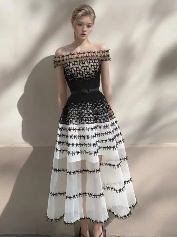 Off Shoulder A Line Midi Dress Women | Sheer Mesh Elegant Party Dress