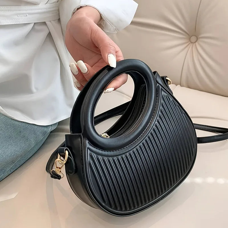 Black Round Handle Handbag for Women | Modern Ribbed Crossbody Purse | Elegant Mini Shoulder Satchel