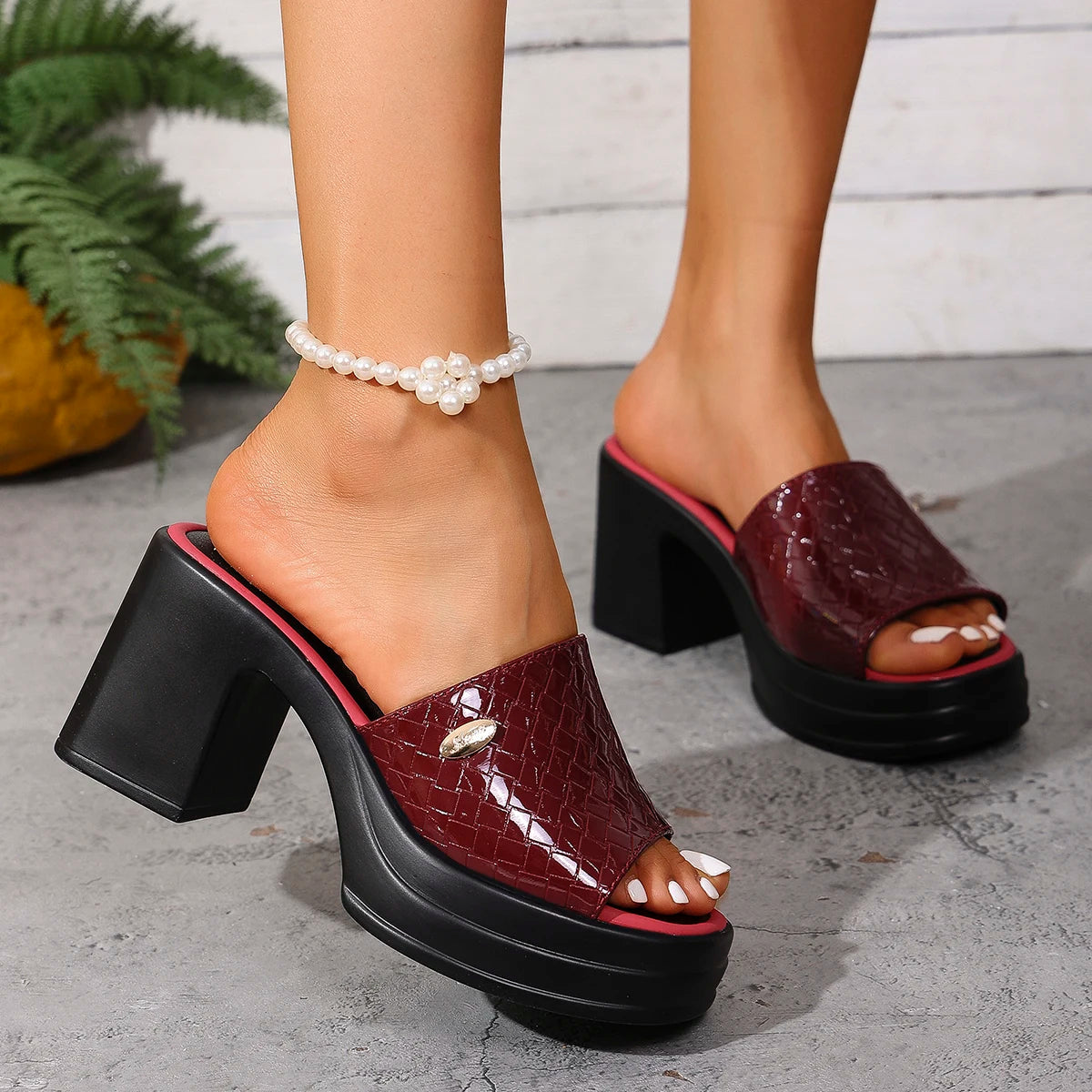 Women’s Platform Block Heel Slides – Textured Open Toe Mule Sandals for Party & Casual Wear