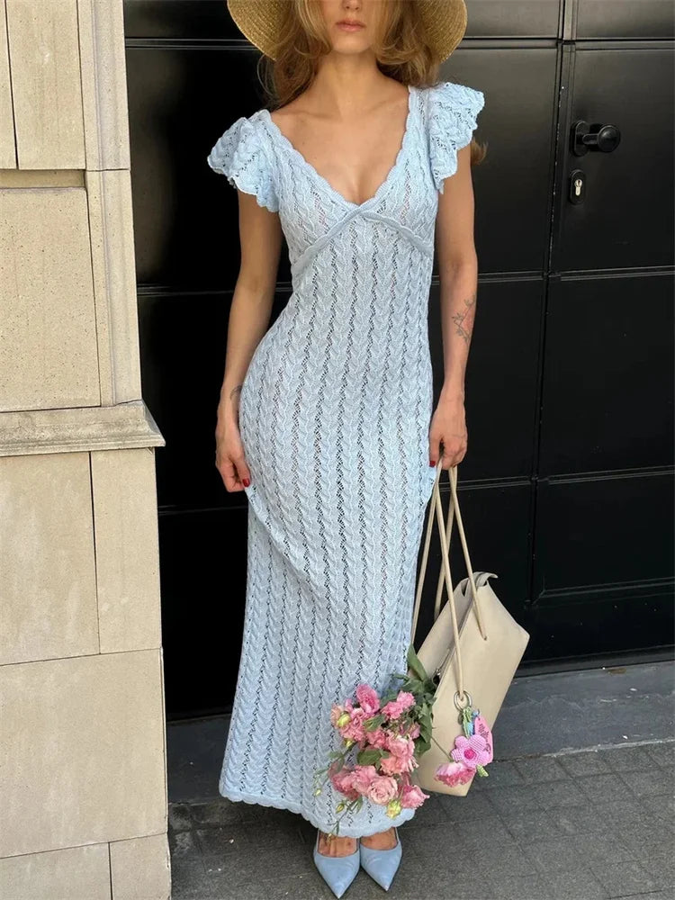 Women’s Cable Knit Maxi Dress | Ruffle Sleeve V-Neck Sweater Dress for Spring, Vacation & Elegant Casual Wear