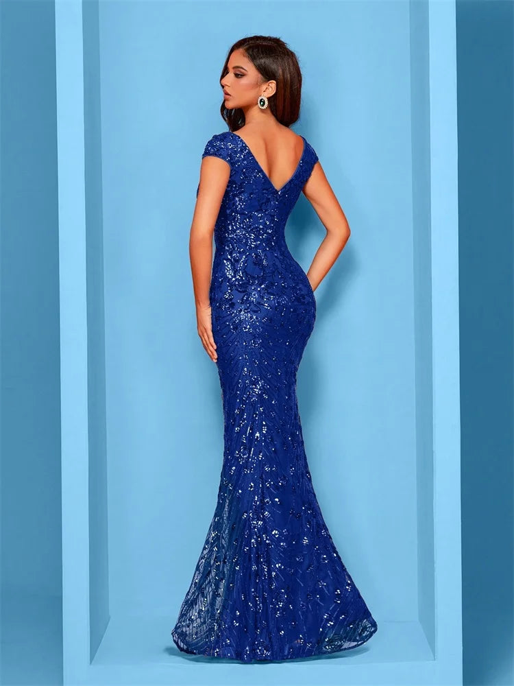 Women’s Royal Blue Sequin Mermaid Evening Gown | Deep V-Neck Formal Maxi Dress for Prom, Galas, Weddings & Black Tie Events