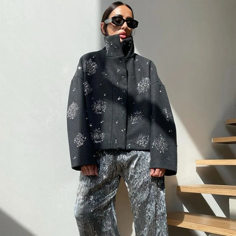 Women’s Embellished Wool Coat | Luxury Oversized High Neck Jacket
