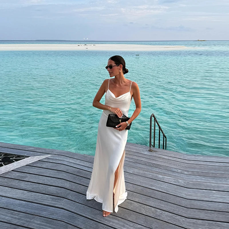 Women’s White Satin Slip Maxi Dress | Backless Cowl Neck Evening Gown with High Slit for Weddings & Resort Wear