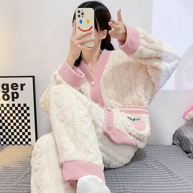 Women's Cable Knit Fleece Pyjama Set | Cozy Button Cardigan & Lounge Trousers Two Piece Set