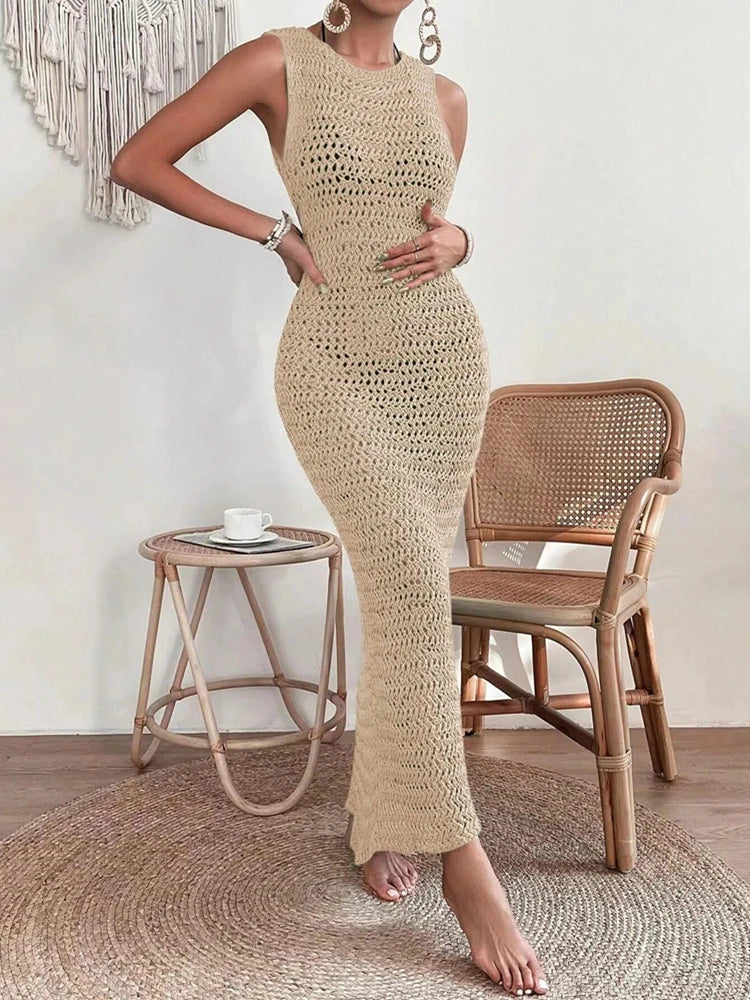 Crochet Knit Maxi Dress Women | Sleeveless Boho Beach Summer Dress