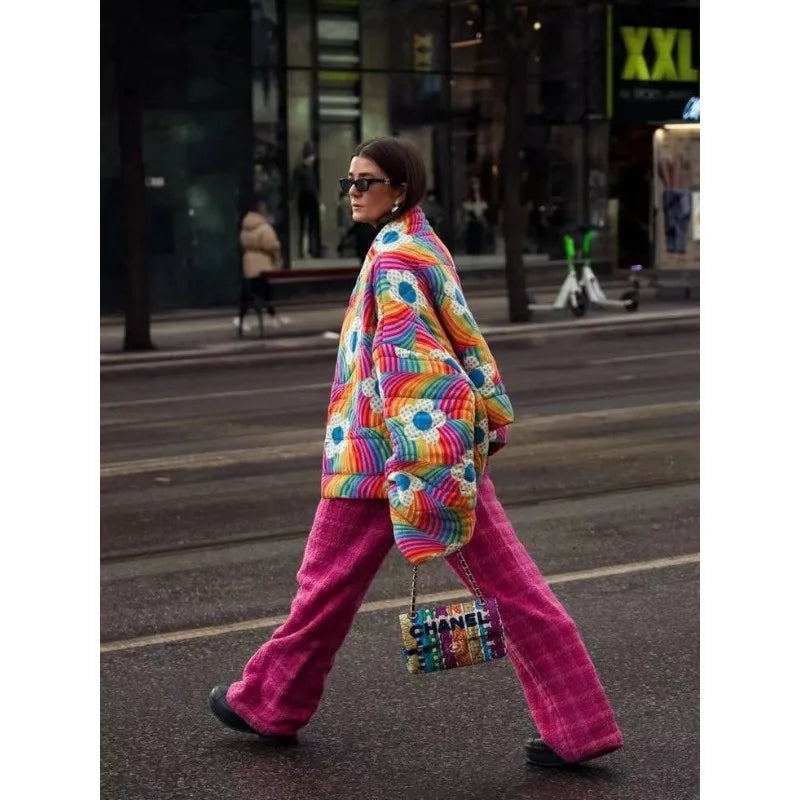 Women’s Rainbow Quilted Puffer Jacket | Colorful Floral Statement Winter Coat