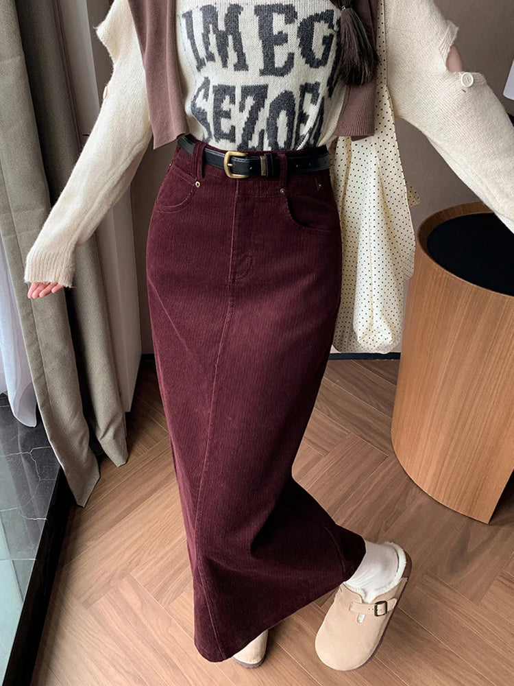 Women High Waist Corduroy Maxi Skirt Vintage Straight Fit Long Skirt