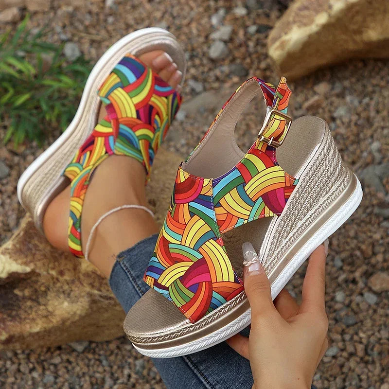 Women’s Printed Wedge Sandals – Colorful Platform Slingback Sandals for Casual, Travel & Summer Wear