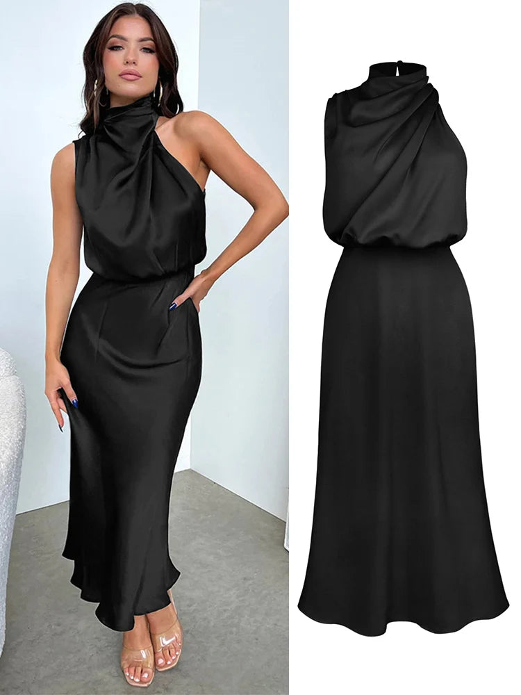 High Neck Satin Maxi Dress Women | Sleeveless Elegant Evening Dress