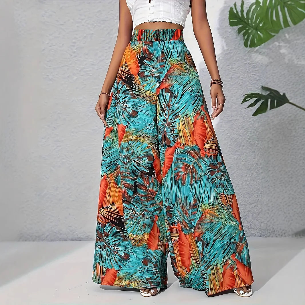 Women Tropical Print Wide Leg Palazzo Pants High Waist Beach Trousers