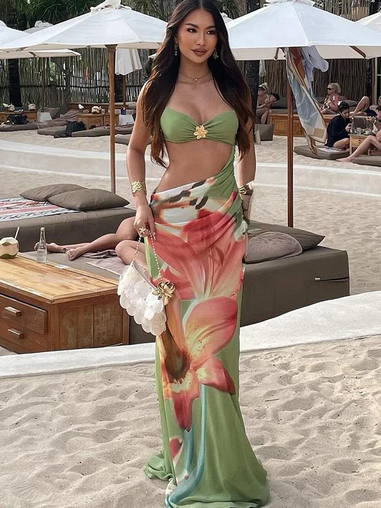 Women’s Green Floral Two Piece Maxi Skirt Set | Strapless Crop Top & Tropical Print High Waist Resort Outfit for Vacation & Beachwear
