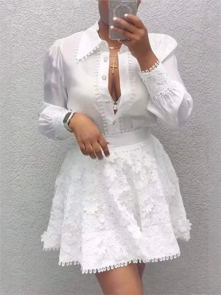 Women's Lace Detail Blouse & Floral Skater Mini Skirt Co-Ord Set | Elegant Two Piece Occasion Outfit