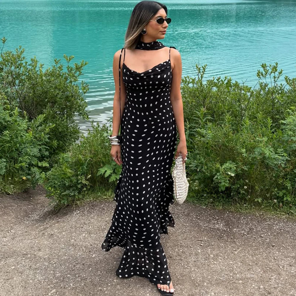 Women’s Black Polka Dot Maxi Dress | Elegant Cowl Neck Slip Dress with Matching Scarf for Vacation & Evening Wear