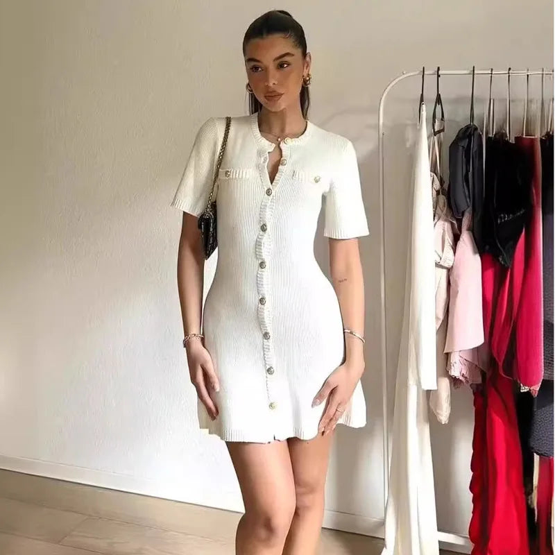 Women’s Ribbed Knit Mini Dress | Vintage Button-Front Collared A-Line Dress for Elegant Casual & Summer Wear