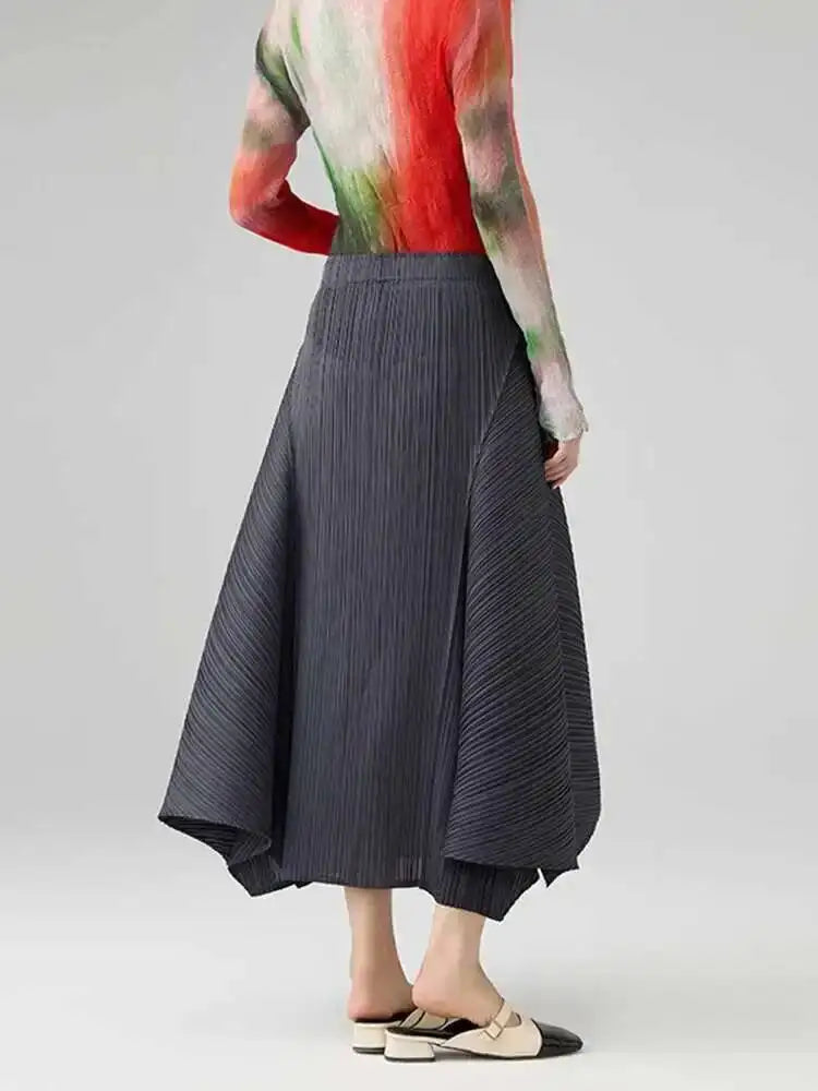 Women Asymmetrical Pleated Midi Skirt High Waist Elegant A Line Skirt