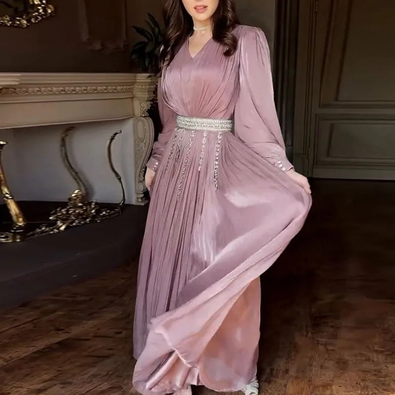 Pleated Maxi Dress Women | Long Sleeve V Neck Elegant Evening Dress