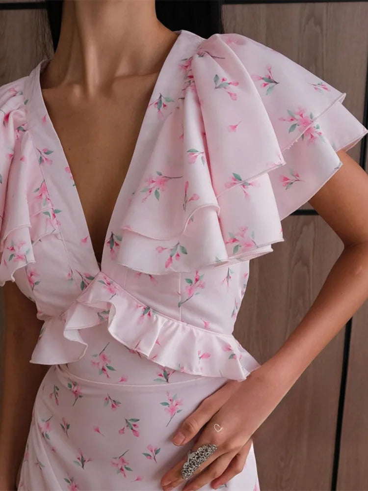 Women’s Pink Floral Ruffle Mini Dress | Romantic Wrap V-Neck Summer Dress for Parties, Vacations & Date Nights