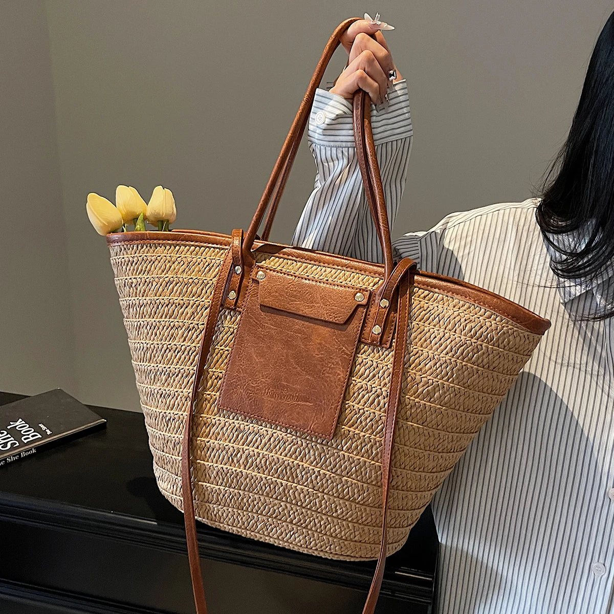 Woven Straw Tote Bag for Women | Summer Beach Shoulder Handbag | Boho Casual Shopper Purse | Large Capacity Travel Bag