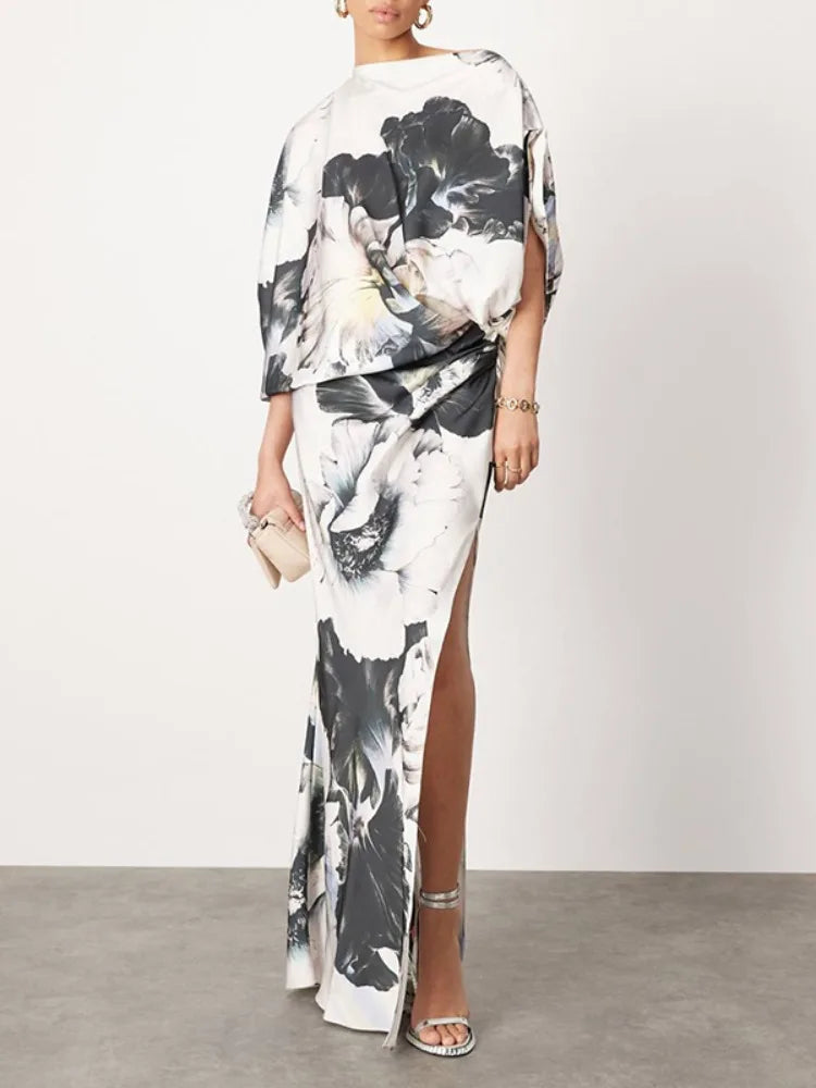 Women’s Black & White Floral Maxi Dress | Elegant One Shoulder Draped Evening Gown with High Slit