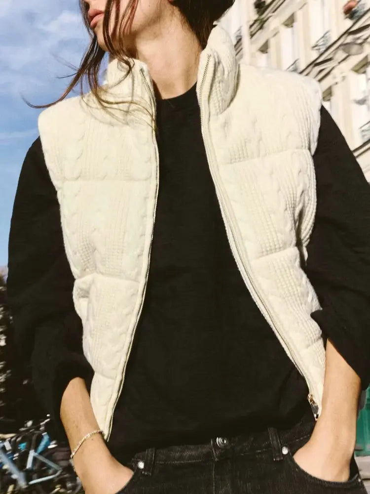 Women’s Cable Knit Puffer Vest | Cozy Zip Up Sleeveless Winter Jacket
