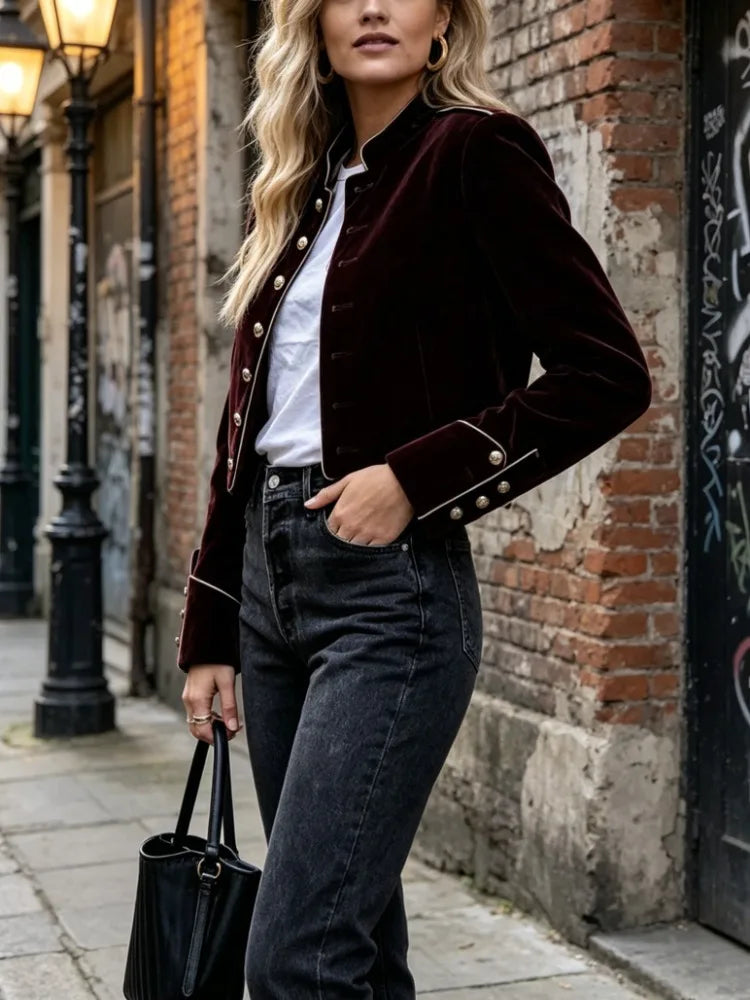 Women’s Velvet Military Jacket | Elegant Cropped Button Blazer Coat