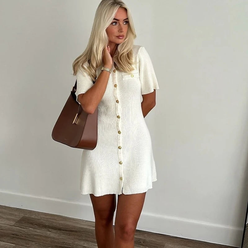 Women’s Ribbed Knit Mini Dress | Vintage Button-Front Collared A-Line Dress for Elegant Casual & Summer Wear