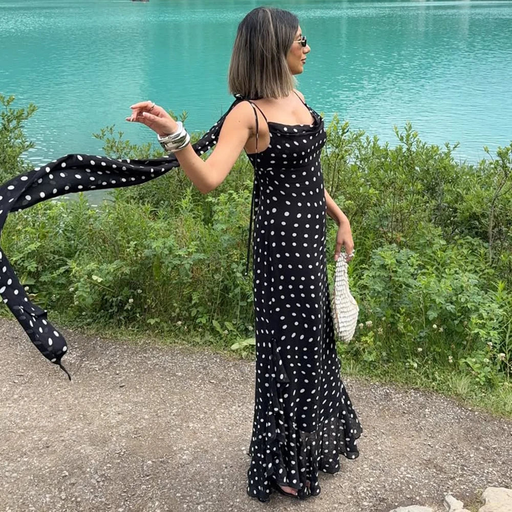 Women’s Black Polka Dot Maxi Dress | Elegant Cowl Neck Slip Dress with Matching Scarf for Vacation & Evening Wear