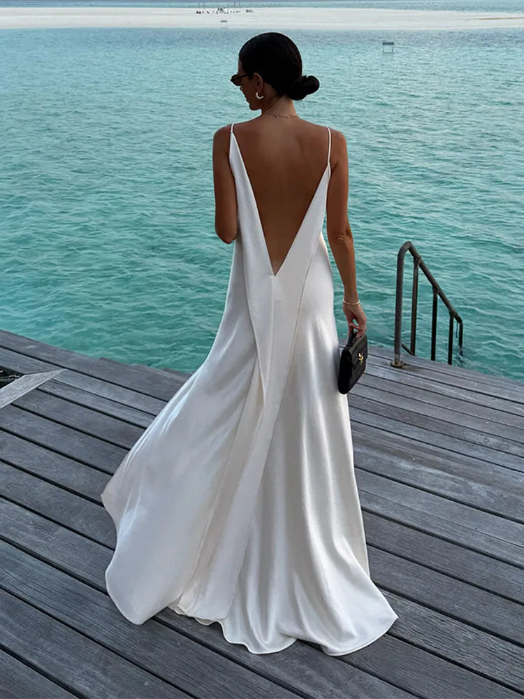 Women’s White Satin Slip Maxi Dress | Backless Cowl Neck Evening Gown with High Slit for Weddings & Resort Wear