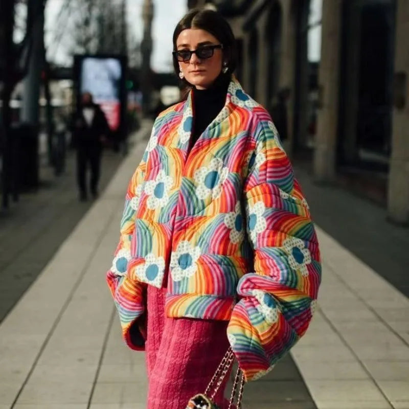 Women’s Rainbow Quilted Puffer Jacket | Colorful Floral Statement Winter Coat