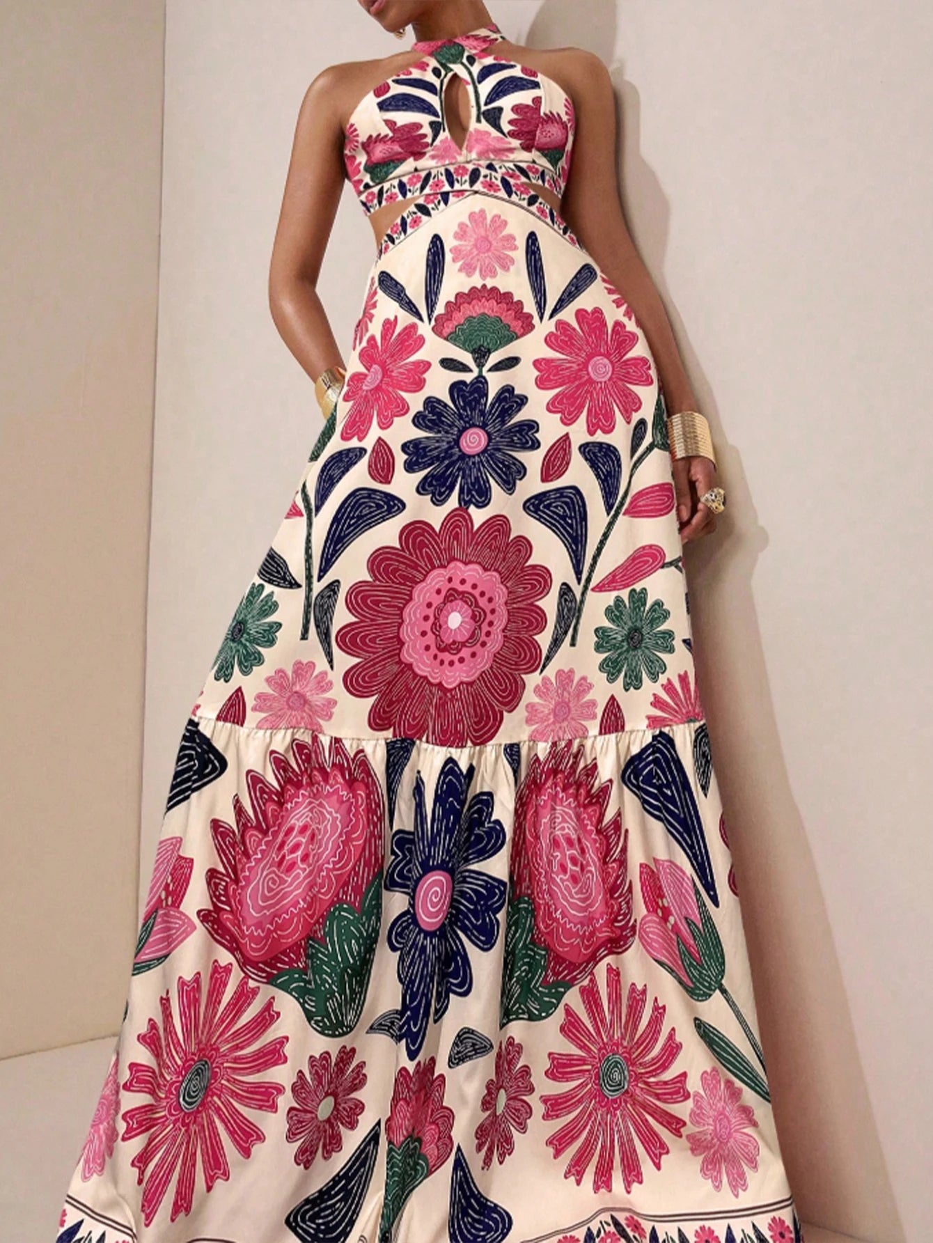 Floral Print Halter Neck Maxi Dress Women | A Line Cut Out Evening Dress