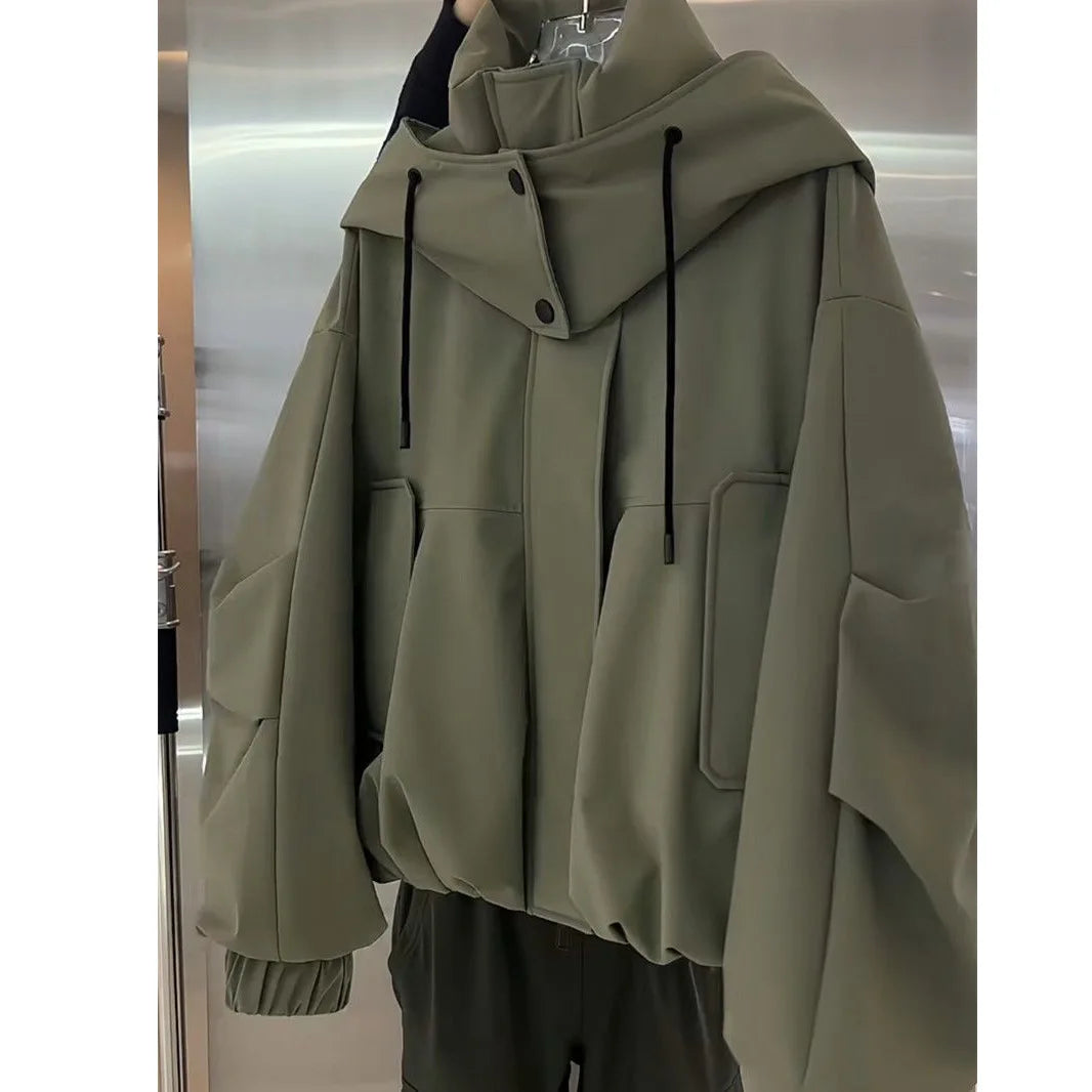 Women’s Oversized Hooded Softshell Jacket | Sage Green Zip-Up Windproof Outdoor Jacket with Stand Collar for Travel, Hiking & Casual Wear