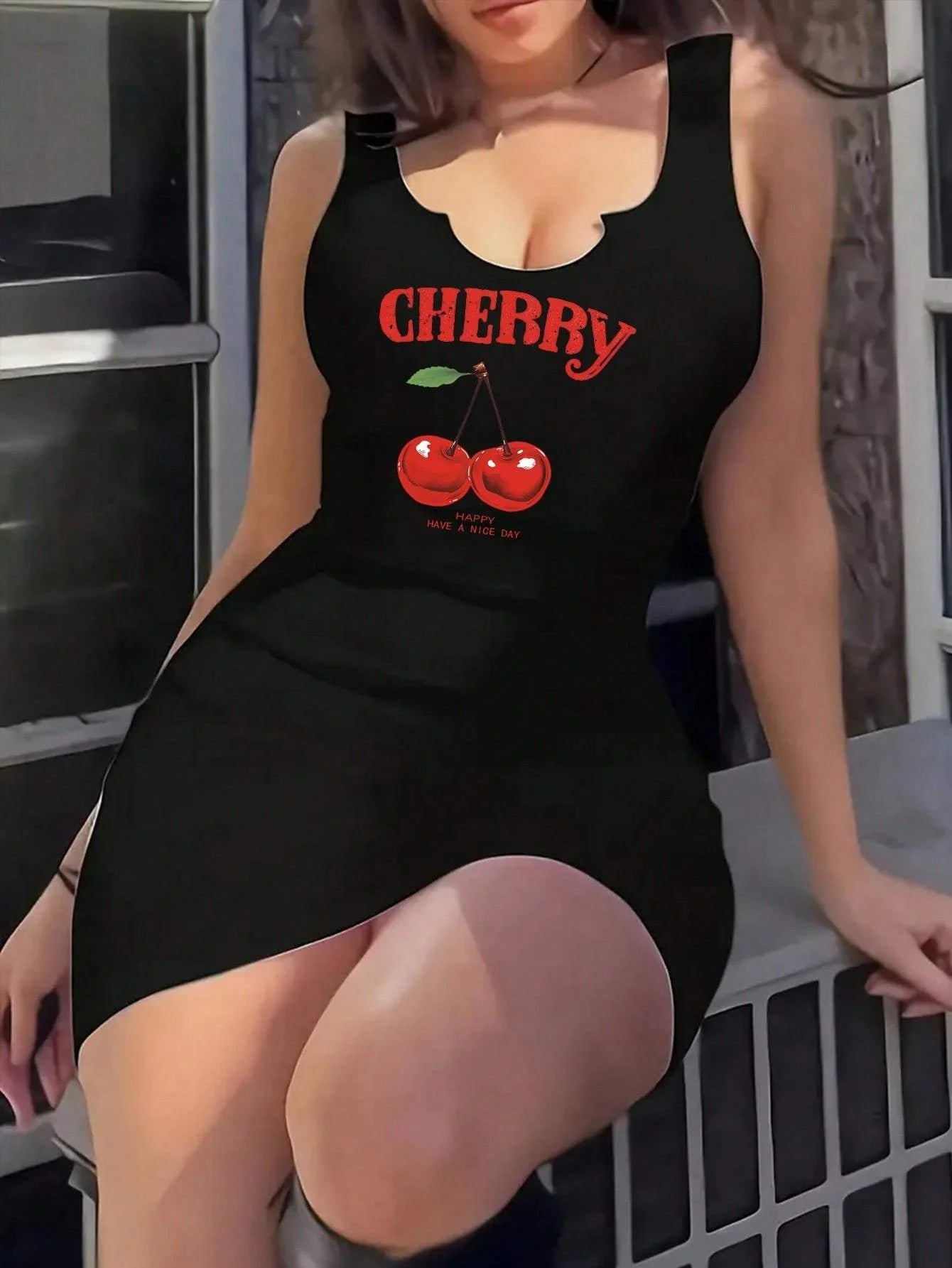 Women’s Black Cherry Graphic Bodycon Mini Dress | Y2K Sleeveless Casual Summer Dress for Streetwear & Everyday Wear