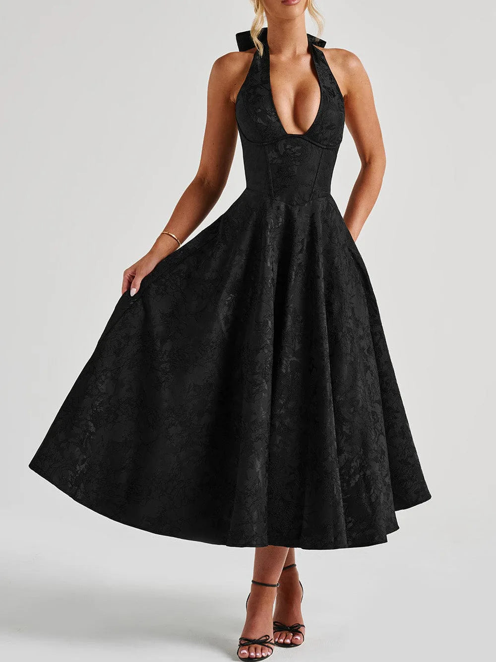 Halter Neck A Line Midi Dress Women | Elegant Party Occasion