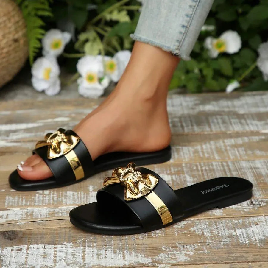 Women’s Gold Bow Slide Sandals – Elegant Flat Slip-On Slides for Casual, Vacation & Summer Wear