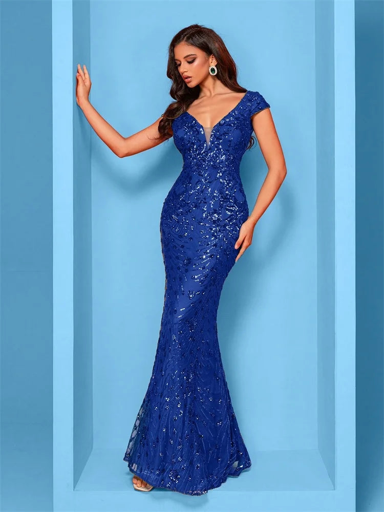 Women’s Royal Blue Sequin Mermaid Evening Gown | Deep V-Neck Formal Maxi Dress for Prom, Galas, Weddings & Black Tie Events