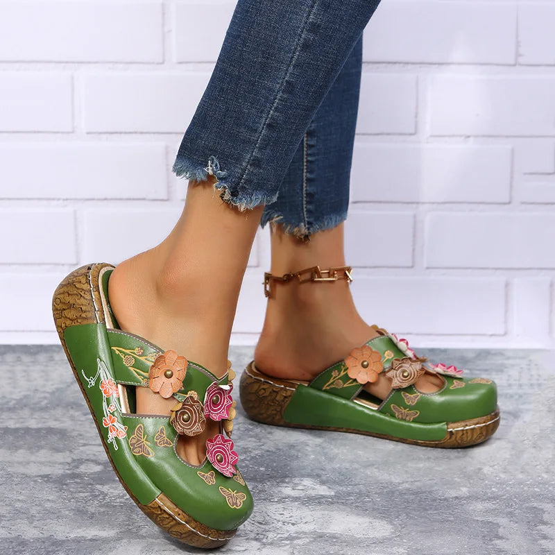 Women’s Floral Wedge Sandals – Embroidered Comfort Slip-On Slippers for Casual & Everyday Wear
