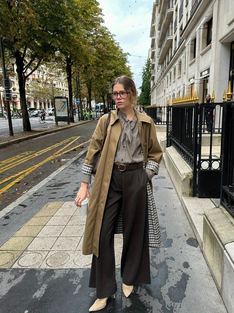 Women’s Classic Beige Trench Coat | Minimalist Long Button Front Overcoat Jacke