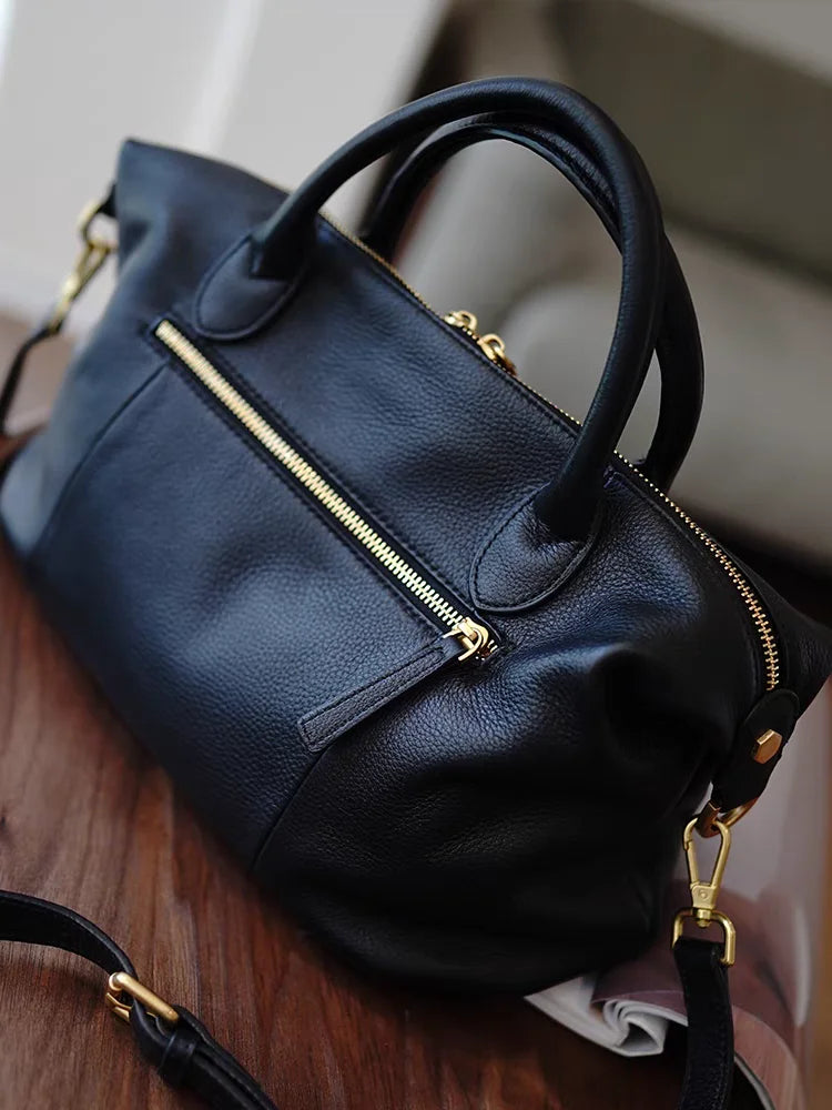 Vintage Leather Boston Bag for Women | Large Weekender Duffel Bag | Soft Leather Travel Tote | Elegant Carry-On Shoulder Handbag