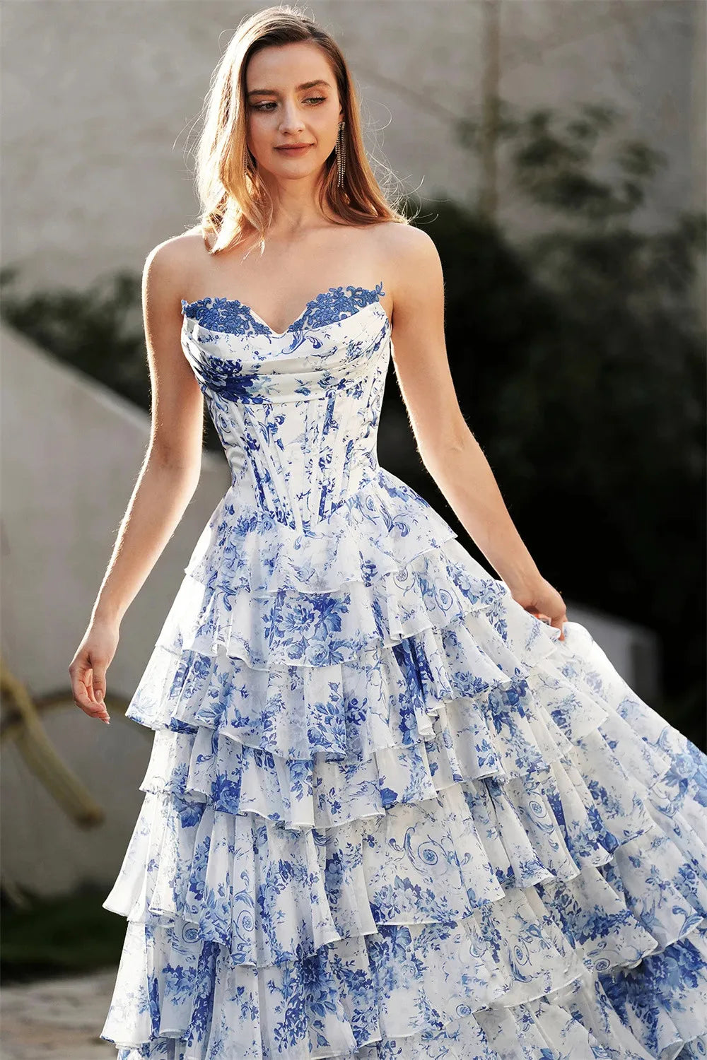 Floral Ruffle Maxi Dress Women | Strapless Layered Evening Party Dress
