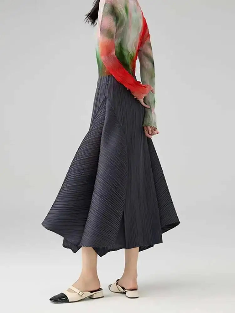Women Asymmetrical Pleated Midi Skirt High Waist Elegant A Line Skirt