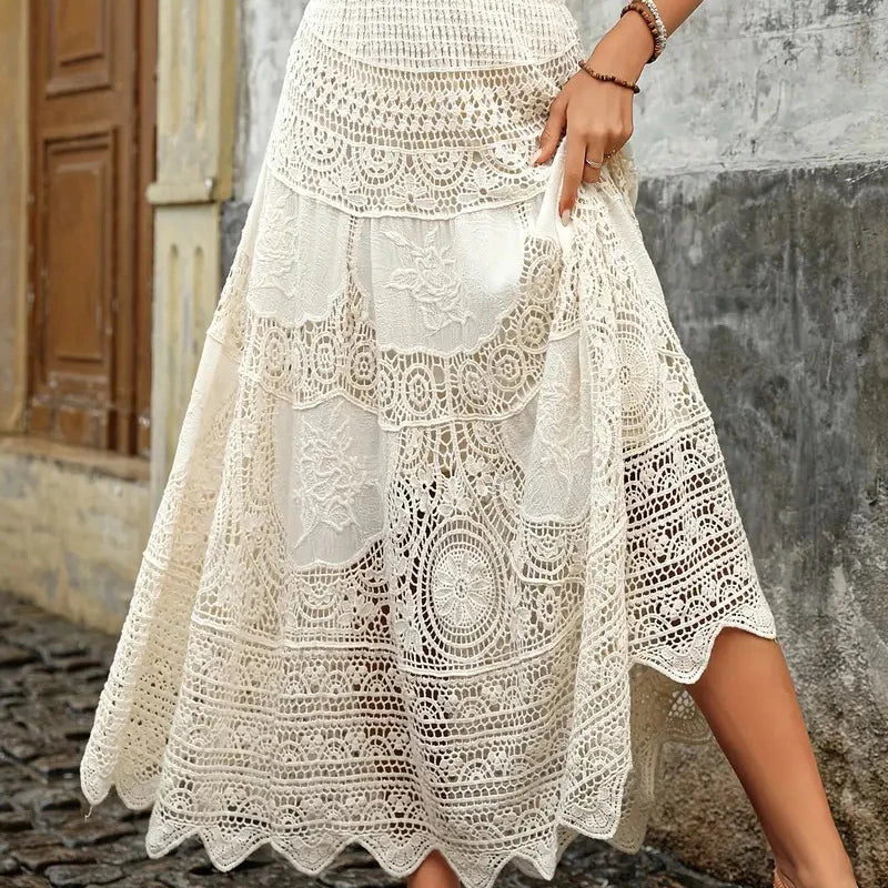 Women Boho Crochet Lace Maxi Skirt Vintage Floral Hollow Out Beachwear Skirt