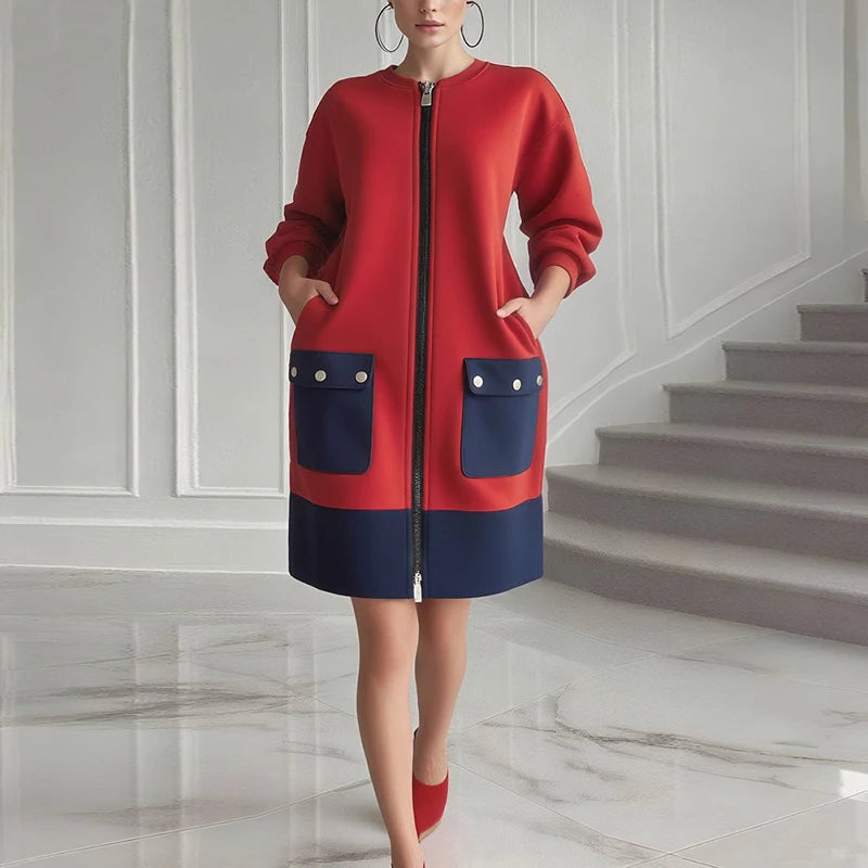 Women’s Red Zip Front Coat Dress | Color Block Long Sleeve Casual Chic Jacket Dress