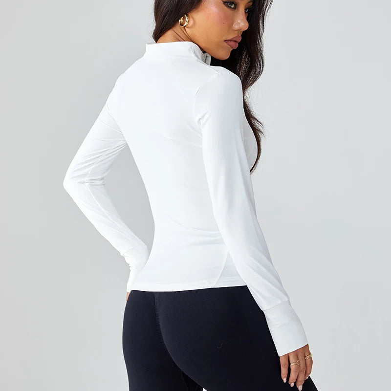 Women’s White Zip Up Athletic Jacket | Slim Fit Performance Workout & Tennis Jacket