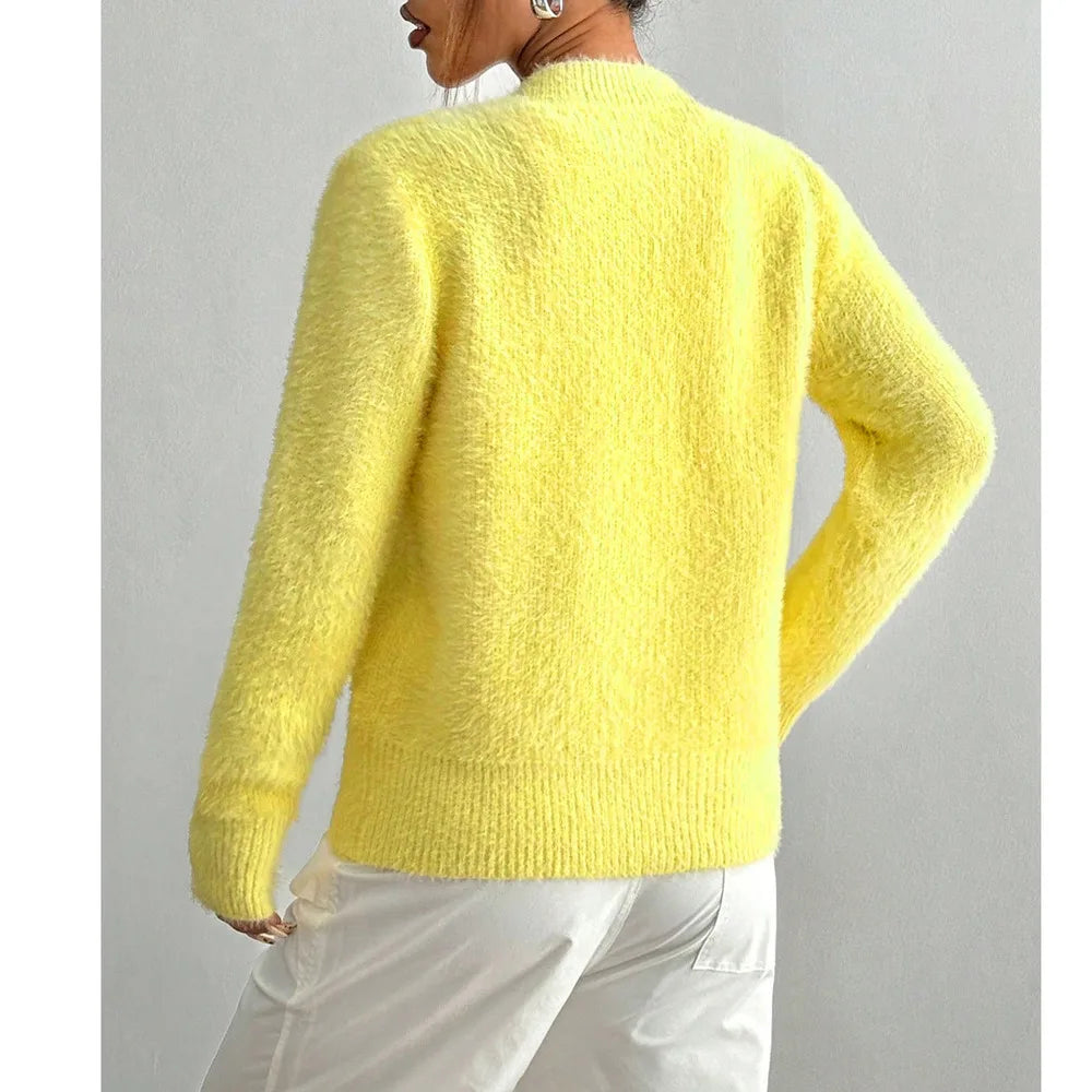 Women’s Fuzzy Yellow Cardigan Sweater | Soft Button-Up Heart Detail Knit Cardigan Cozy Casual Outerwear