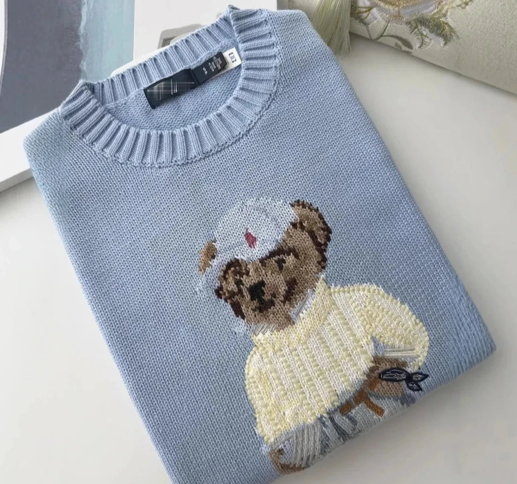 Women’s Baby Blue Teddy Bear Knit Sweater | Cute Oversized Crew Neck Pullover for Winter, Casual Wear & Cozy Outfits