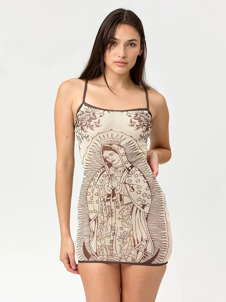 Women’s Vintage Graphic Bodycon Mini Dress | Y2K Spaghetti Strap Slim Fit Streetwear Dress