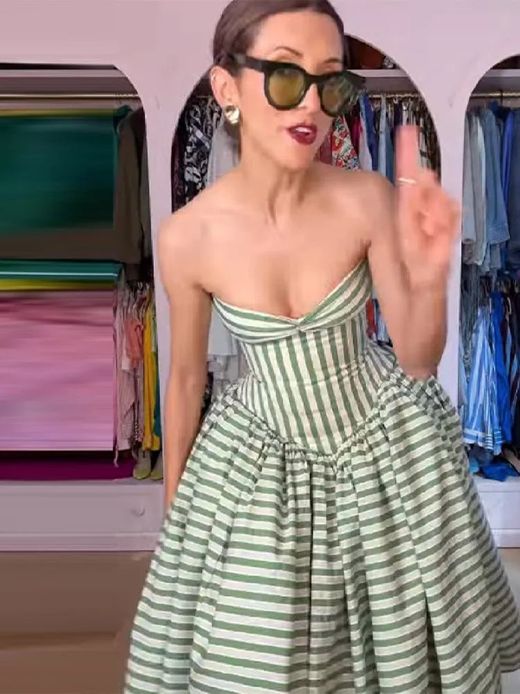 Women’s Sage Green Stripe Corset Midi Dress | Strapless Fit & Flare Ball Gown Dress for Garden Parties, Tea Parties & Special Occasions