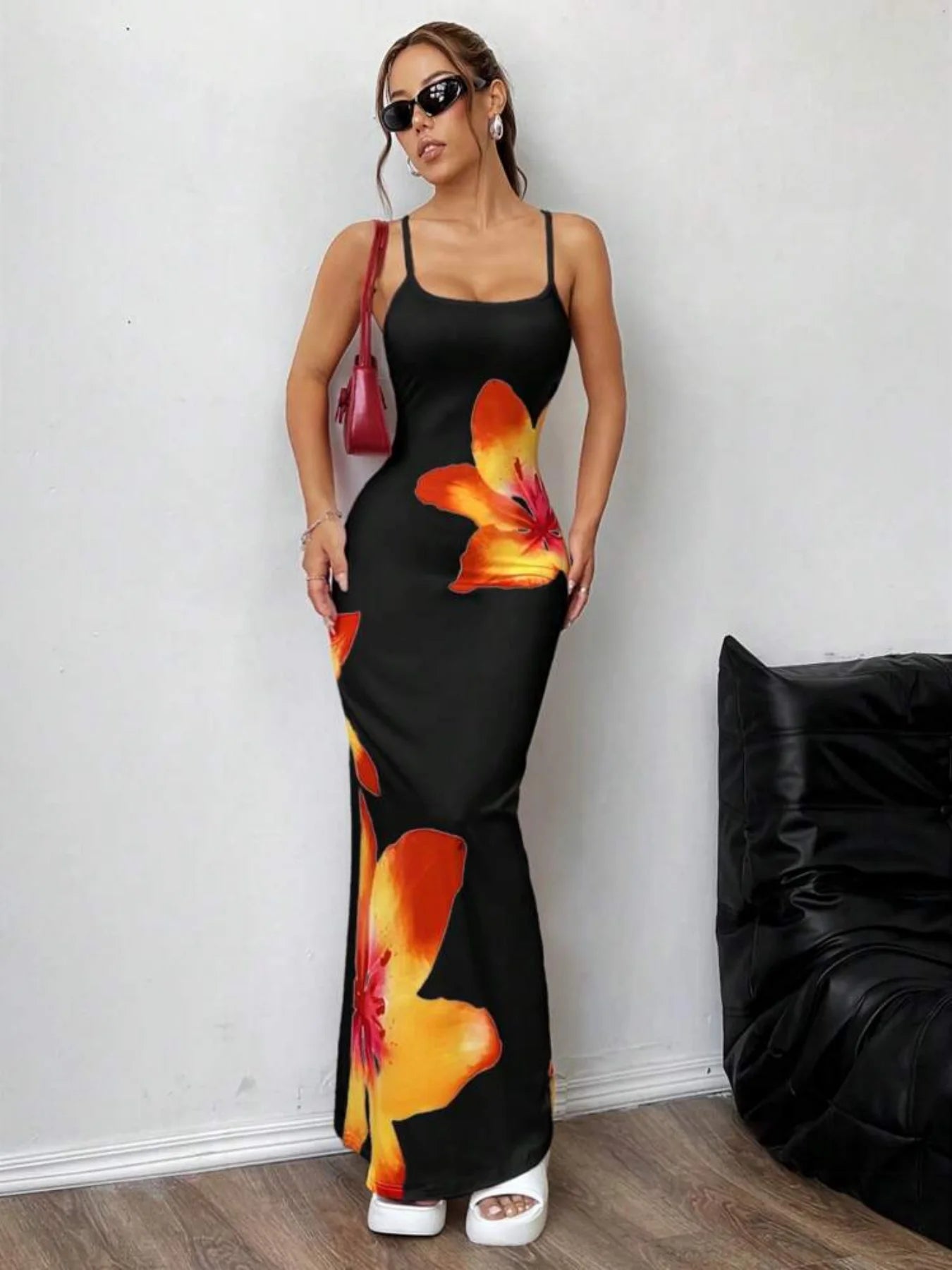 Black Floral Maxi Dress Women | Bodycon Spaghetti Strap Summer Slip Dress