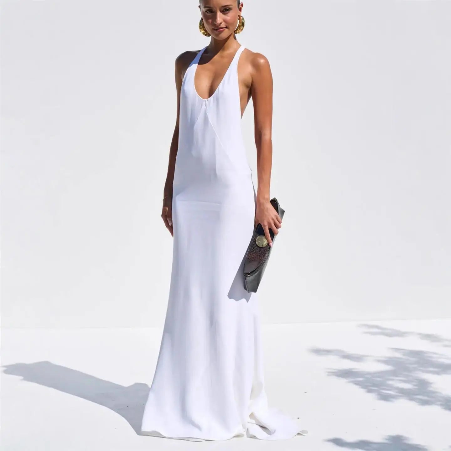 Women’s White Backless Maxi Dress | Elegant Racerback Sleeveless Evening Gown for Resort, Beach & Special Occasions